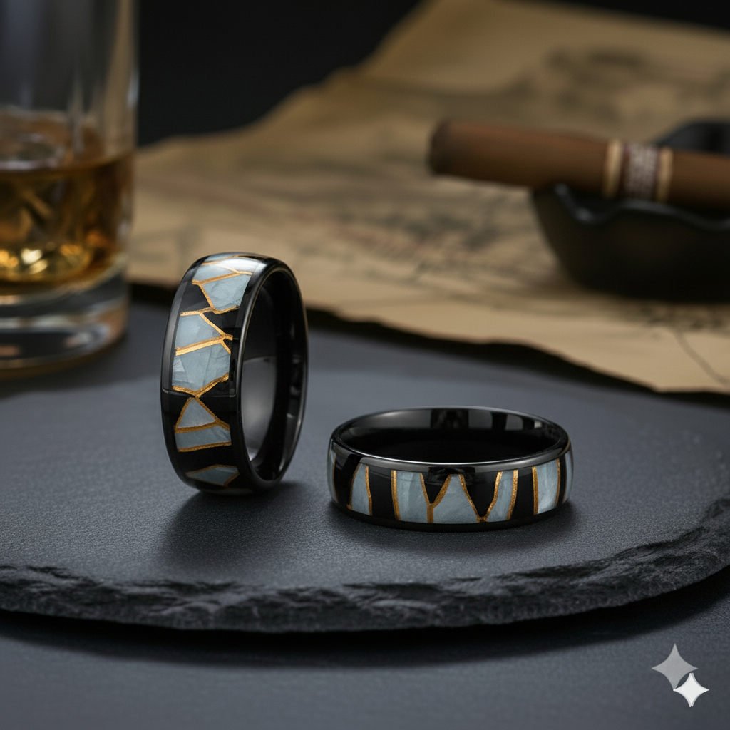 8mm Black Tungsten Wedding Ring W/ Black Resin & Gold Shavings Inlay