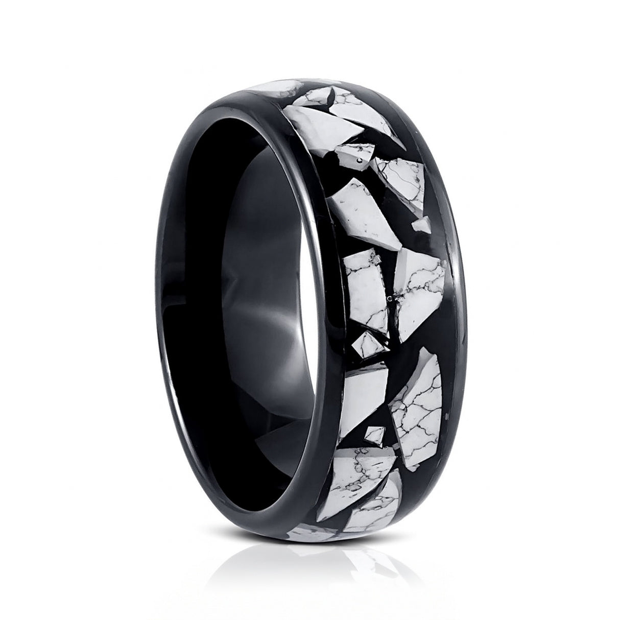 8mm Black Tungsten Carbide Wedding Ring W/ Turquoise Fragments Inlay