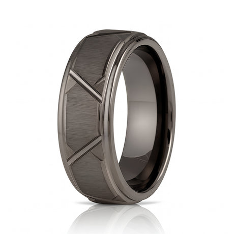 8mm Gun Metal Tungsten Wedding Ring W/ Trapezoids & Stepped Edges