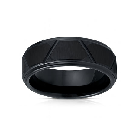 8mm Black Tungsten Wedding Ring W/ Trapezoids & Stepped Edges