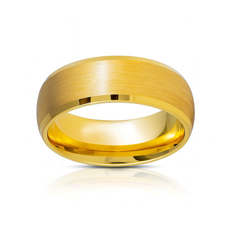 8mm Yellow Gold Tungsten Wedding Ring W/ Brushed Center & Domed Shape
