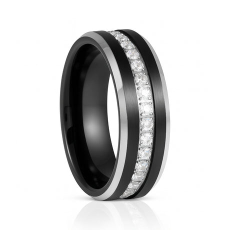 8mm Black Tungsten Carbide Wedding Ring W/ White CZ Diamond Eternity