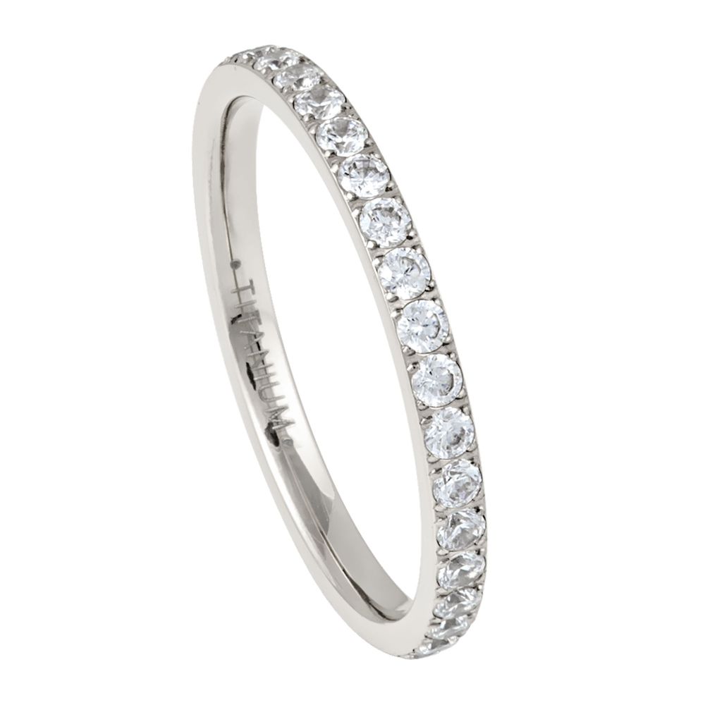 Silver Titanium Ring Full Eternity Cubic Zircon Diamonds 2mm