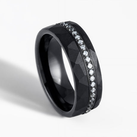 8mm - Black Tungsten Hammered Wedding Band with Off-center Diamonds