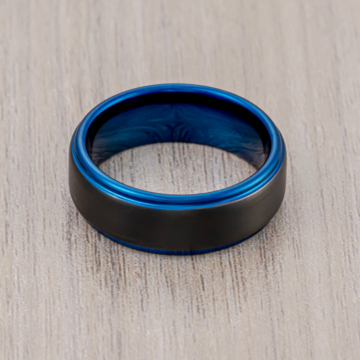 8mm  Black & Blue Tungsten Ring Black Brushed Finished Stepped Edges