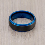 8mm  Black & Blue Tungsten Ring Black Brushed Finished Stepped Edges