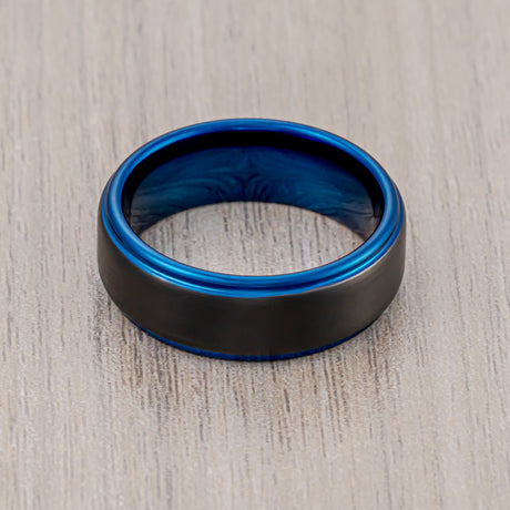 8mm  Black & Blue Tungsten Ring Black Brushed Finished Stepped Edges