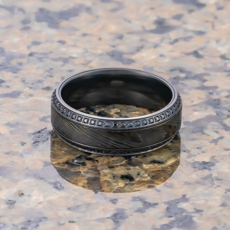 TROPHY Black Damascus Steel Inlaid Polished Black Titanium Men's Wedding Band With Black Sapphire Beveled Edges - 8mm