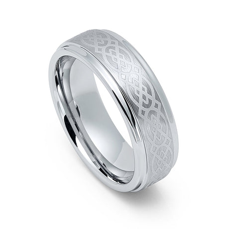 7mm  Silver Tungsten Celtic Ring, Brushed Center Celtic Knot Pattern