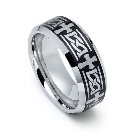 8mm Tungsten Celtic Cross Ring Beveled Edges