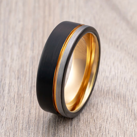 8mm Black &  Rose Gold  Tungsten Wedding Band Brushed Silver Finish