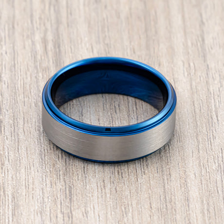 8mm Blue Tungsten Wedding Band Brushed Center W/ Polished Blue Edges