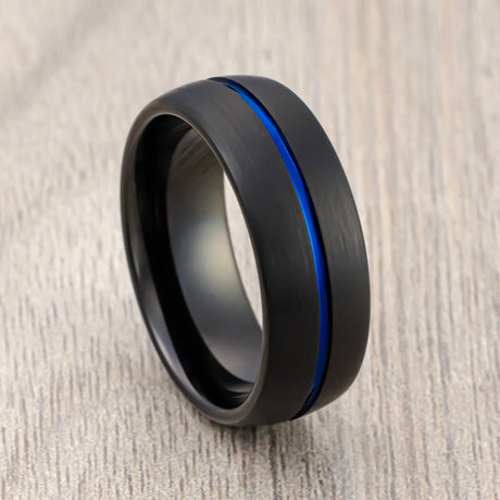 8mm Mens Black Tungsten Carbide Ring With Blue Groove Brushed Center Dome