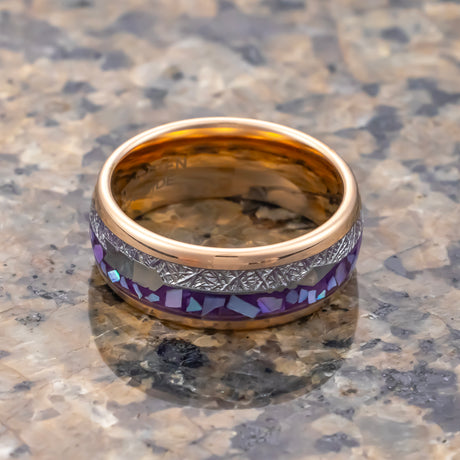 8mm Rose Gold Tungsten Carbide Arrow Ring W/ Purple Agate & Meteorite-8mm