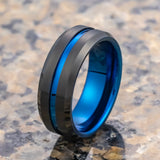 8mm  Black & Blue Tungsten Carbide Ring Center Groove Brushed Finished
