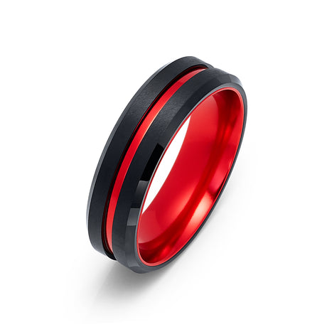 6mm - Black & Red Groove Tungsten Wedding Band Beveled Edges
