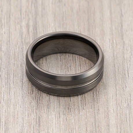8mm - Gunmetal Tungsten Wedding Band Beveled Edges, Brushed Ring
