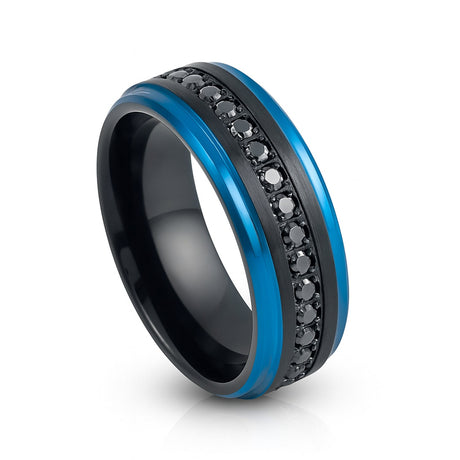 8MM- Black Tungsten Carbide Ring, Blue Stepped Edges, Black Sapphire All Around
