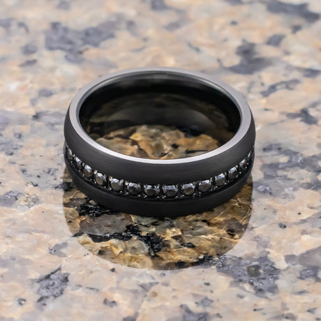 8mm Black Tungsten Wedding Band with Black Sapphires
