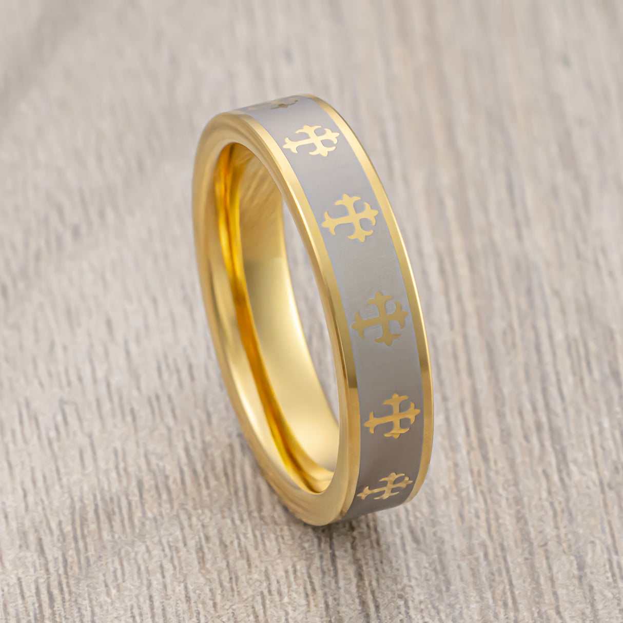 6mm Gold Tungsten Wedding Ring Laser Engraved Crosses Pipe Cut Ring