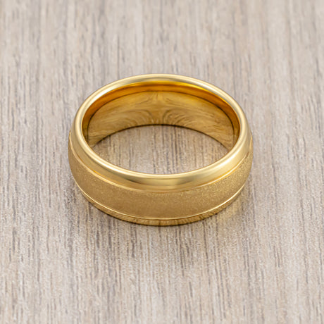 8mm Gold Tungsten Wedding Band Sandblasted Center With Double Groove Ring