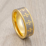 8mm Gold Tungsten Wedding Ring Laser Engraved Crosses Pipe Cut Ring
