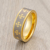 8mm Gold Tungsten Wedding Ring Laser Engraved Crosses Pipe Cut Ring