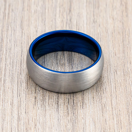 8mm Blue Tungsten Carbide Wedding Ring with Brushed Finish, Dome Ring