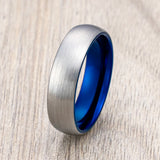 6mm Blue Tungsten Carbide Wedding Ring with Brushed Finish, Dome Ring