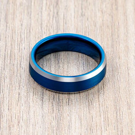 6mm Blue Brushed Tungsten Wedding Band with Polished Edges