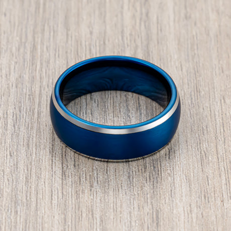 8mm Blue Brushed Dome Tungsten Wedding Band with Polished Edges