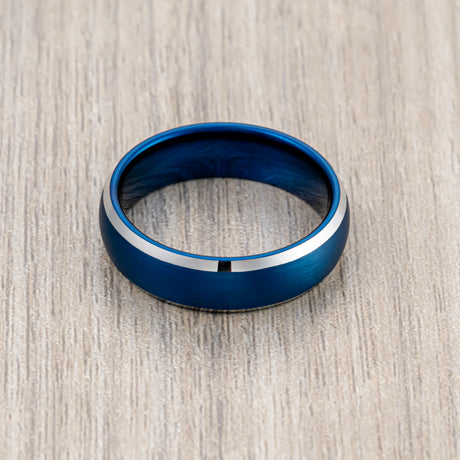 6mm Blue Brushed Dome Tungsten Wedding Band with Polished Edges