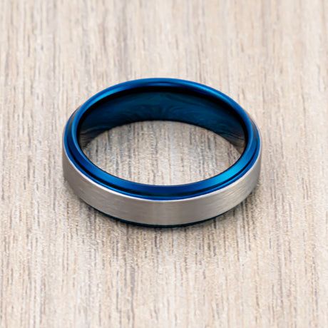 6mm Blue Tungsten Wedding Band Brushed Center W/ Polished Blue Edges