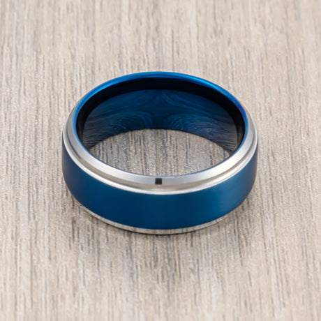 9mm Blue Brushed Tungsten Wedding Band W/ Stepped Edges