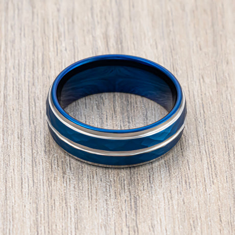 8mm Blue Hammered Tungsten Carbide Wedding Ring Polished Stepped Edges