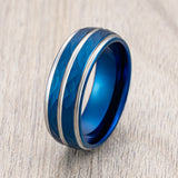 8mm Blue Hammered Tungsten Carbide Wedding Ring Polished Stepped Edges