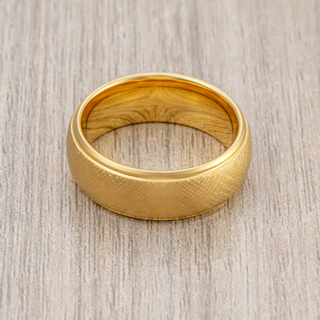 8mm Gold Tungsten Wedding Band Florentine Center Brushed Stepped Edges