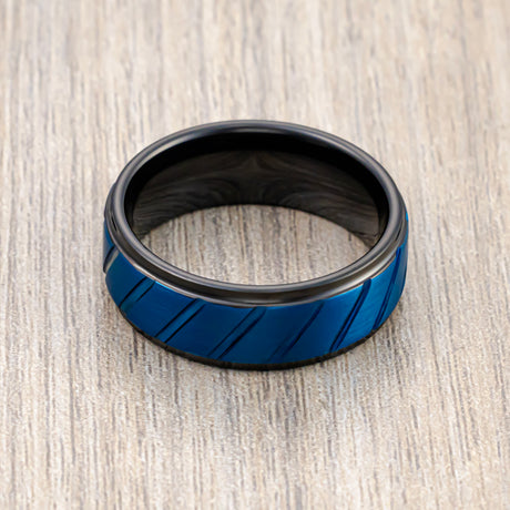 8mm Black & Blue Diagonally Grooved Tungsten Carbide Wedding Band