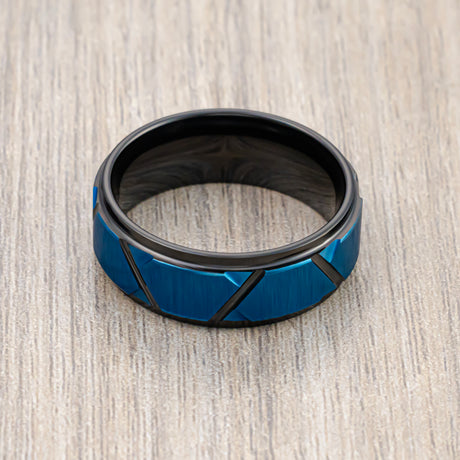 8mm - Black & Blue Tungsten Carbide Trapezoids Stepped Edges Brushed Ring
