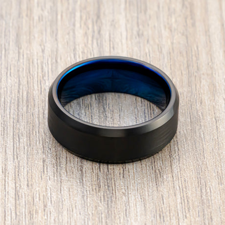 8mm - Black & Blue Tungsten Carbide Ring, Brushed Finished, Beveled Edges