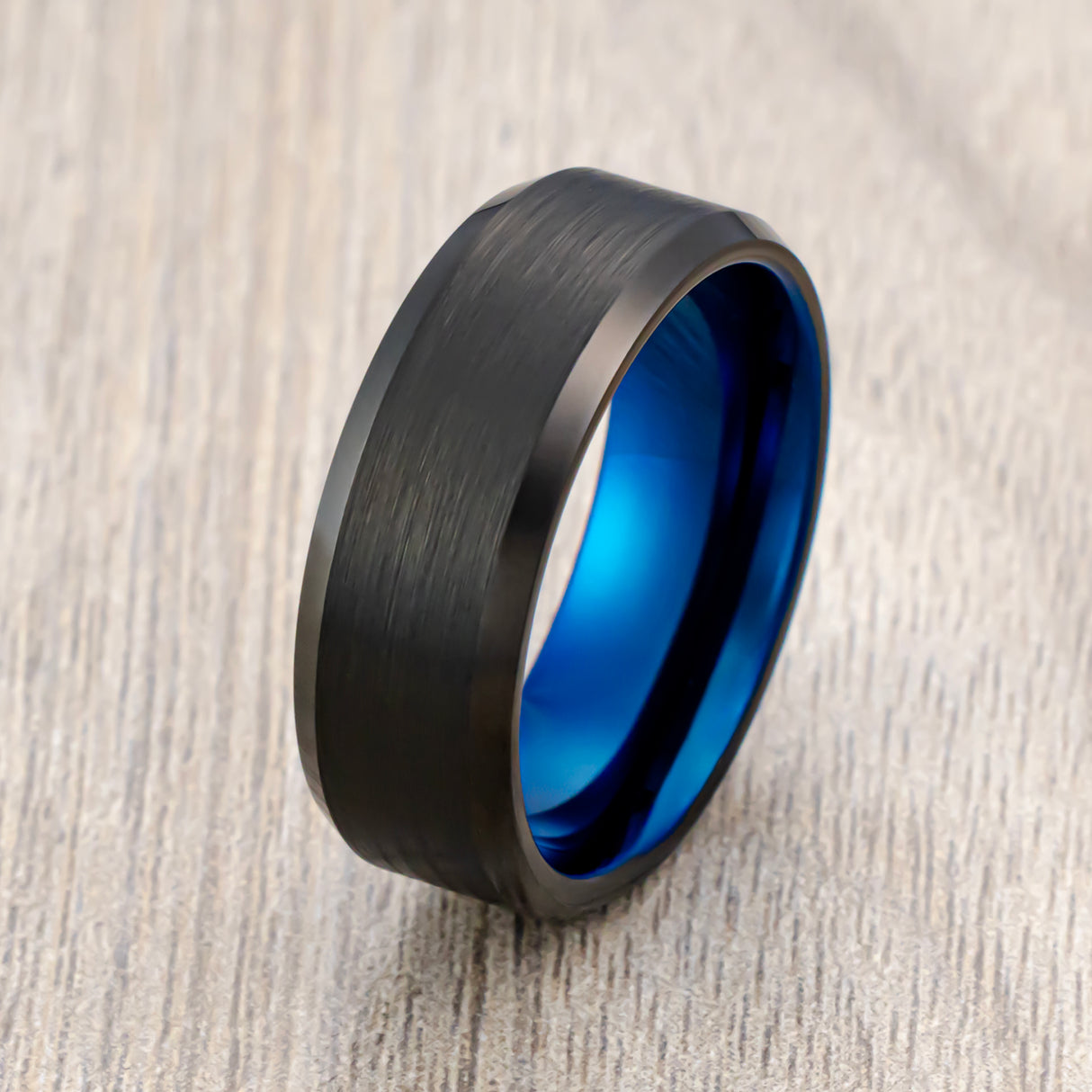 8mm - Black & Blue Tungsten Carbide Ring, Brushed Finished, Beveled Edges