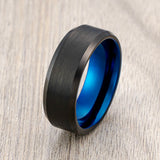 8mm - Black & Blue Tungsten Carbide Ring, Brushed Finished, Beveled Edges