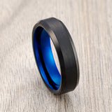 6mm - Black & Blue Tungsten Carbide Ring, Brushed Finished, Beveled Edges