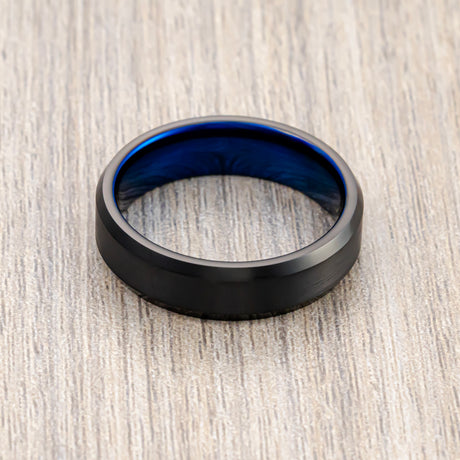 6mm - Black & Blue Tungsten Carbide Ring, Brushed Finished, Beveled Edges