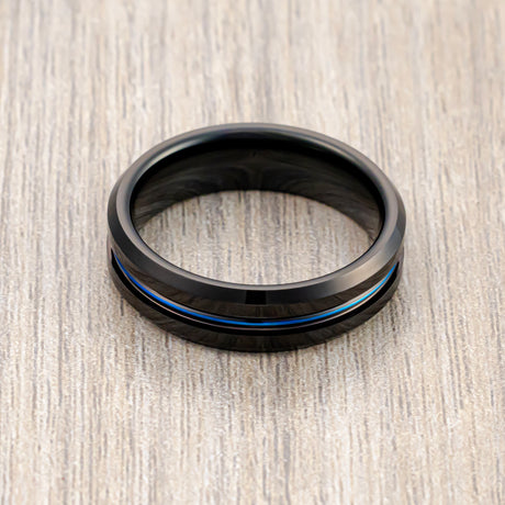 6mm  Black Tungsten Carbide Ring High Polished Black With Blue Center Groove