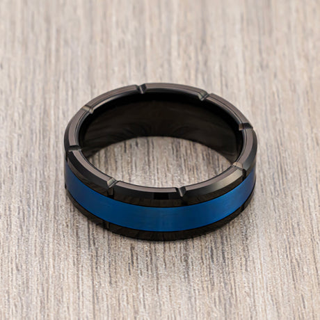 8mm Black & Blue Tungsten Carbide Notched Edges Wedding Ring, Engagement Band