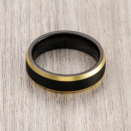 6mm - Black & Gold Tungsten Wedding Band W/ Gold Beveled Edges, Brushed Ring