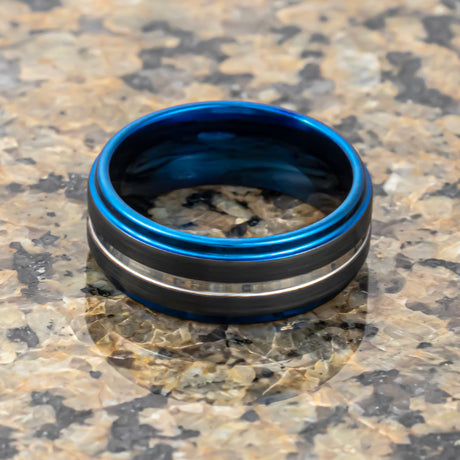 8mm Blue Tungsten Carbide Ring W/ Black Brush & Silver Center Groove