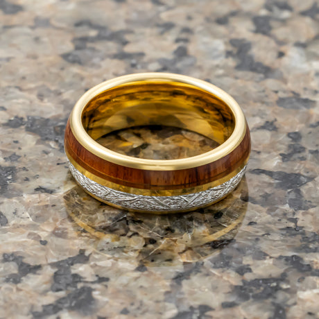 8mm- Meteorite Koa Wood Gold Tungsten Ring