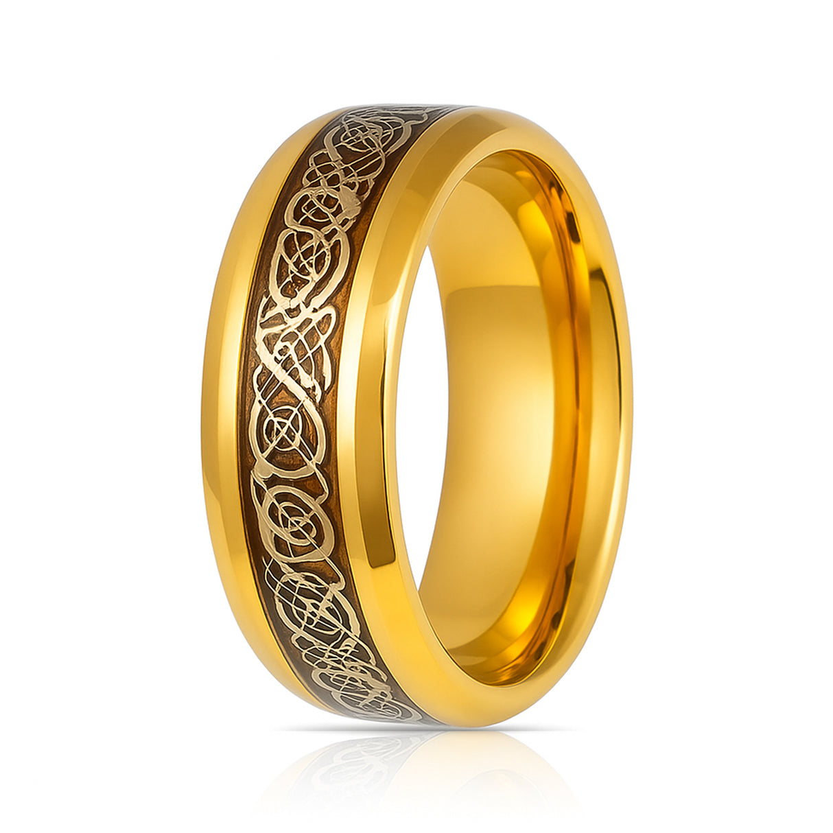 Yellow Gold Titanium Ring with Gold Celtic Design Over Rosewood Inlay – 9mm